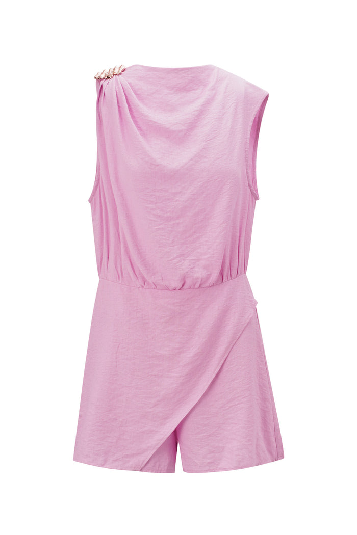 Roze viscose playsuit met asymmetrisch wrap detail en elastische taille