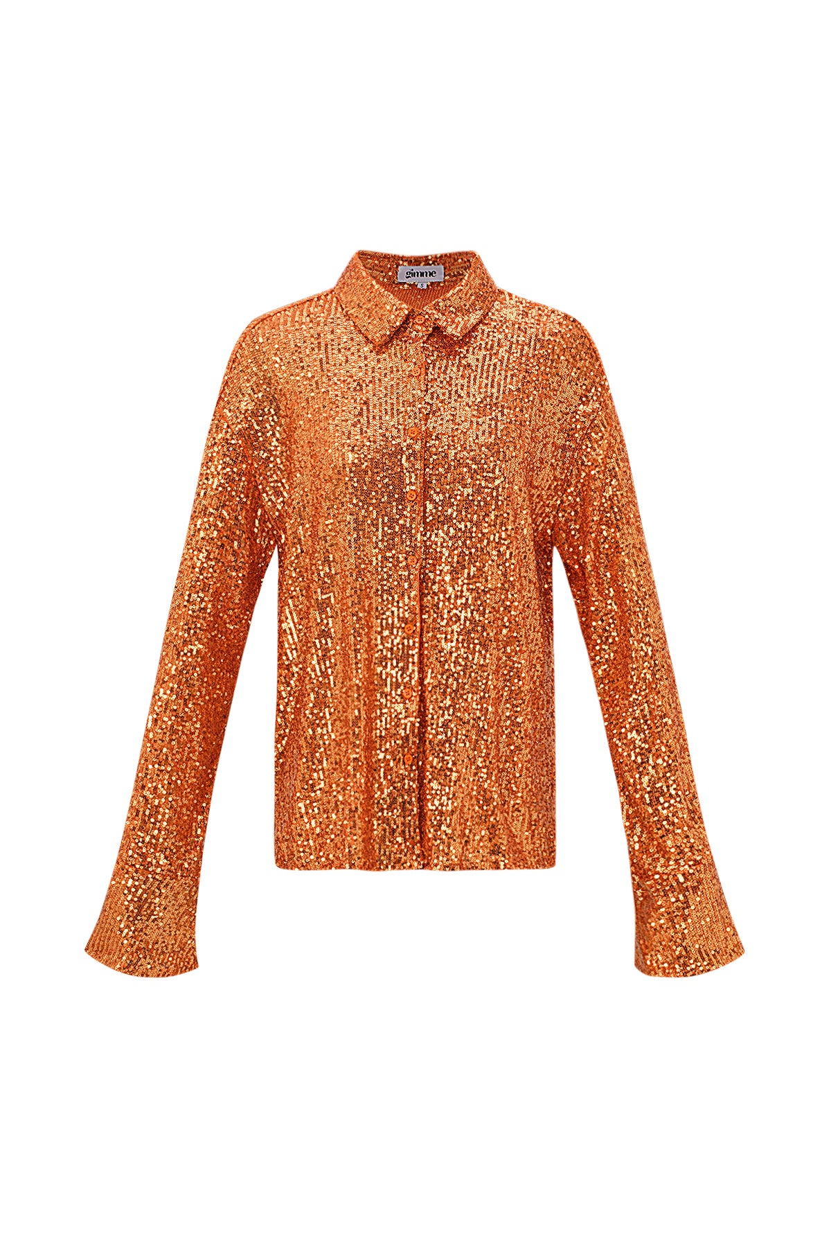Oranje pailletten blouse met lange mouwen en klassieke kraag volledig bedekt met sequins