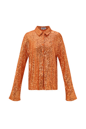 Oranje pailletten blouse met lange mouwen en klassieke kraag volledig bedekt met sequins