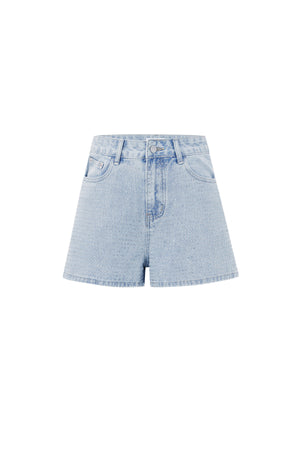Lichtblauwe high waist denim short met stone wash afwerking