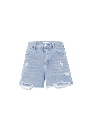 Lichtblauwe high waist denim short met scheuren en gerafelde zoom