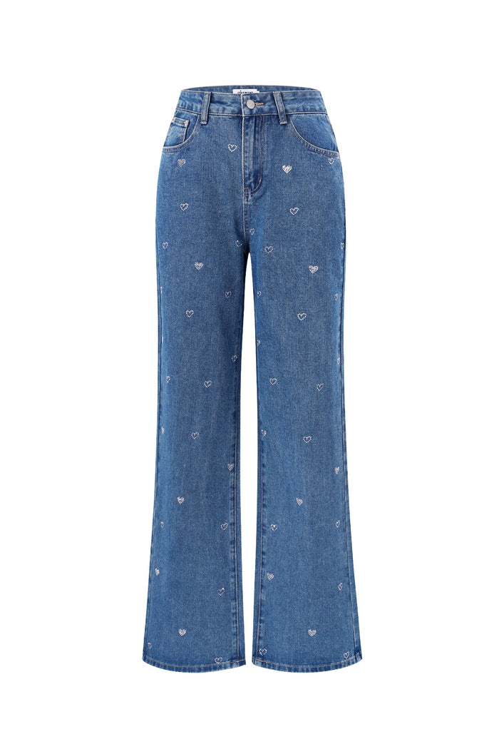 Blauwe straight leg jeans van katoen met hart borduursels