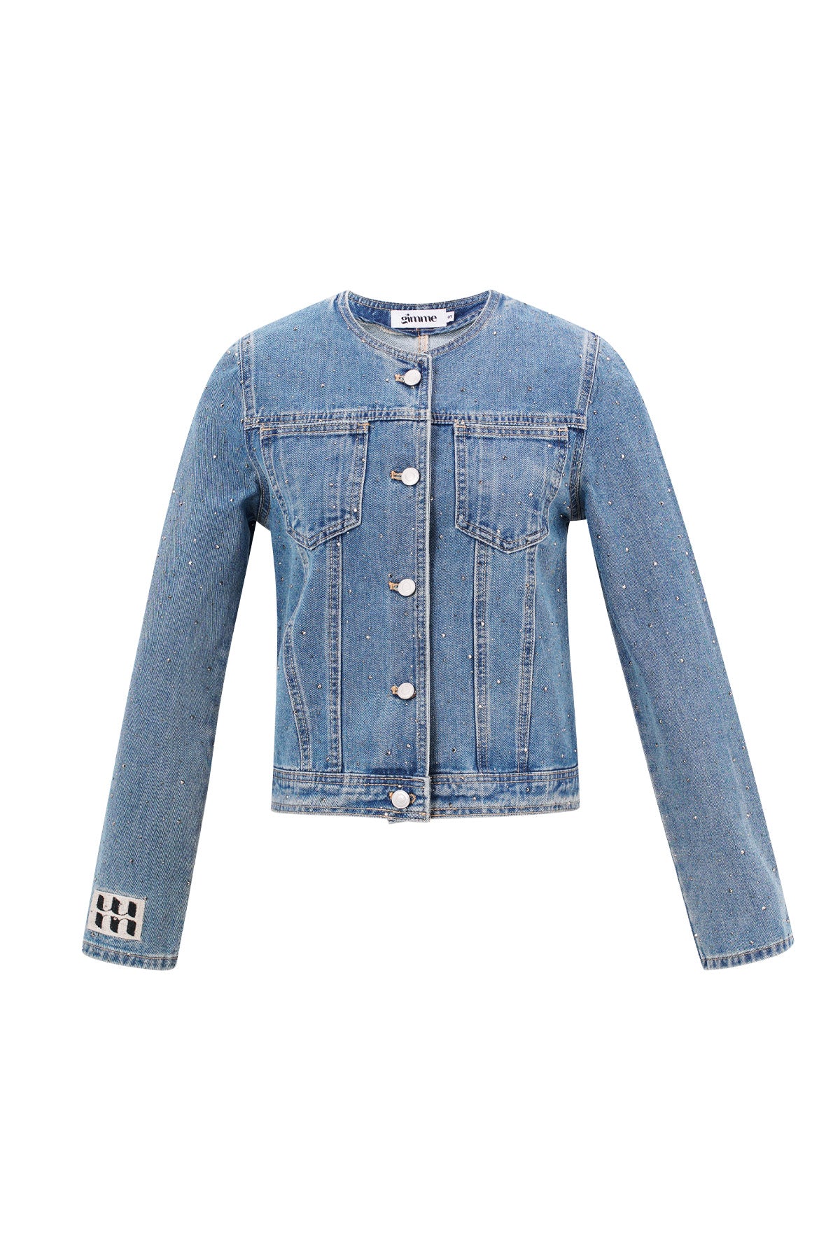 Blauw kort spijkerjasje van denim met zilverkleurige drukknopen
