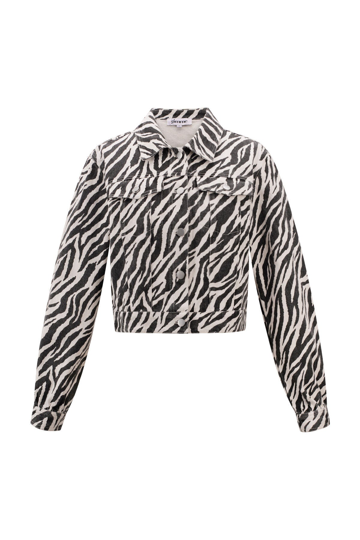 Wit-zwarte denim jacket met zebrapatroon en getailleerde crop pasvorm