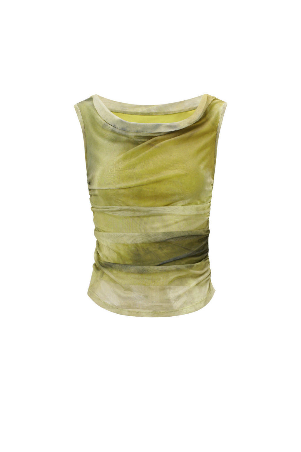 Groene doorschijnende mouwloze top met gedrapeerde halslijn van polyester