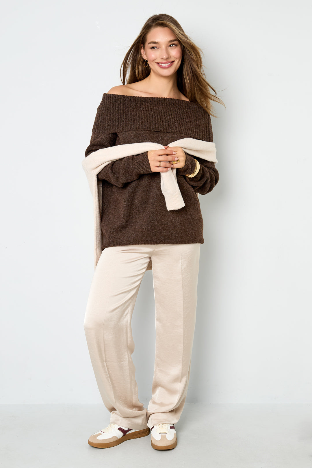 Knitted Polyester Fiber Women's Off-Shoulder Sweater Elegant Solid Color
