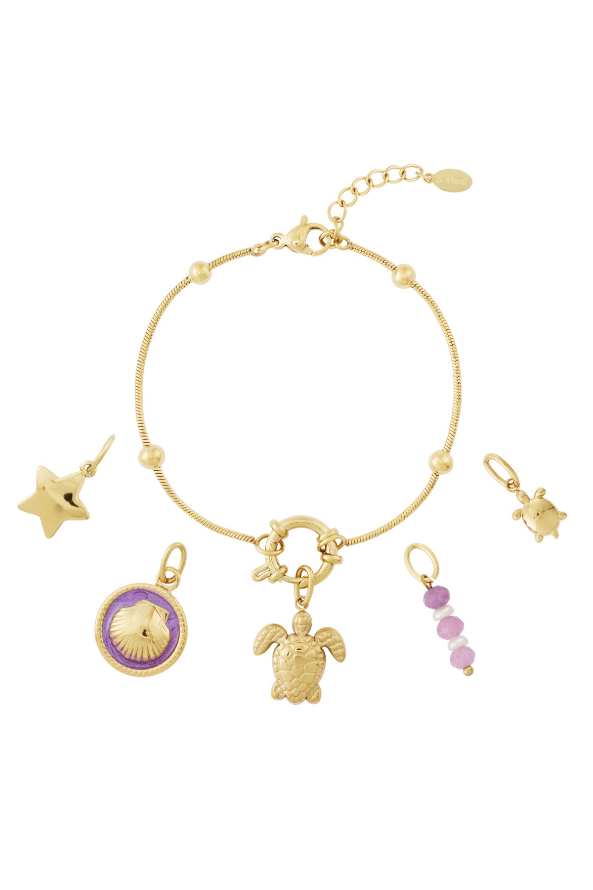 Gouden charm armband met schildpad bedel, ster charm en ronde paarse bedels