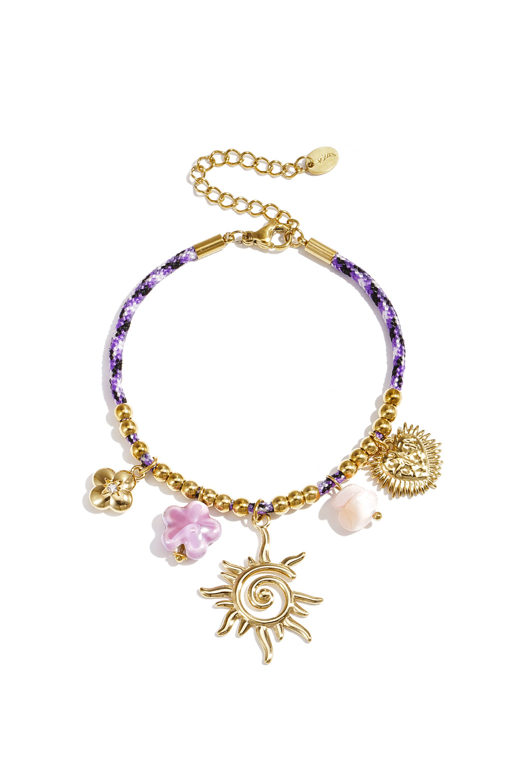 Gouden charm armband met paarse kralen en zon en hart hangers