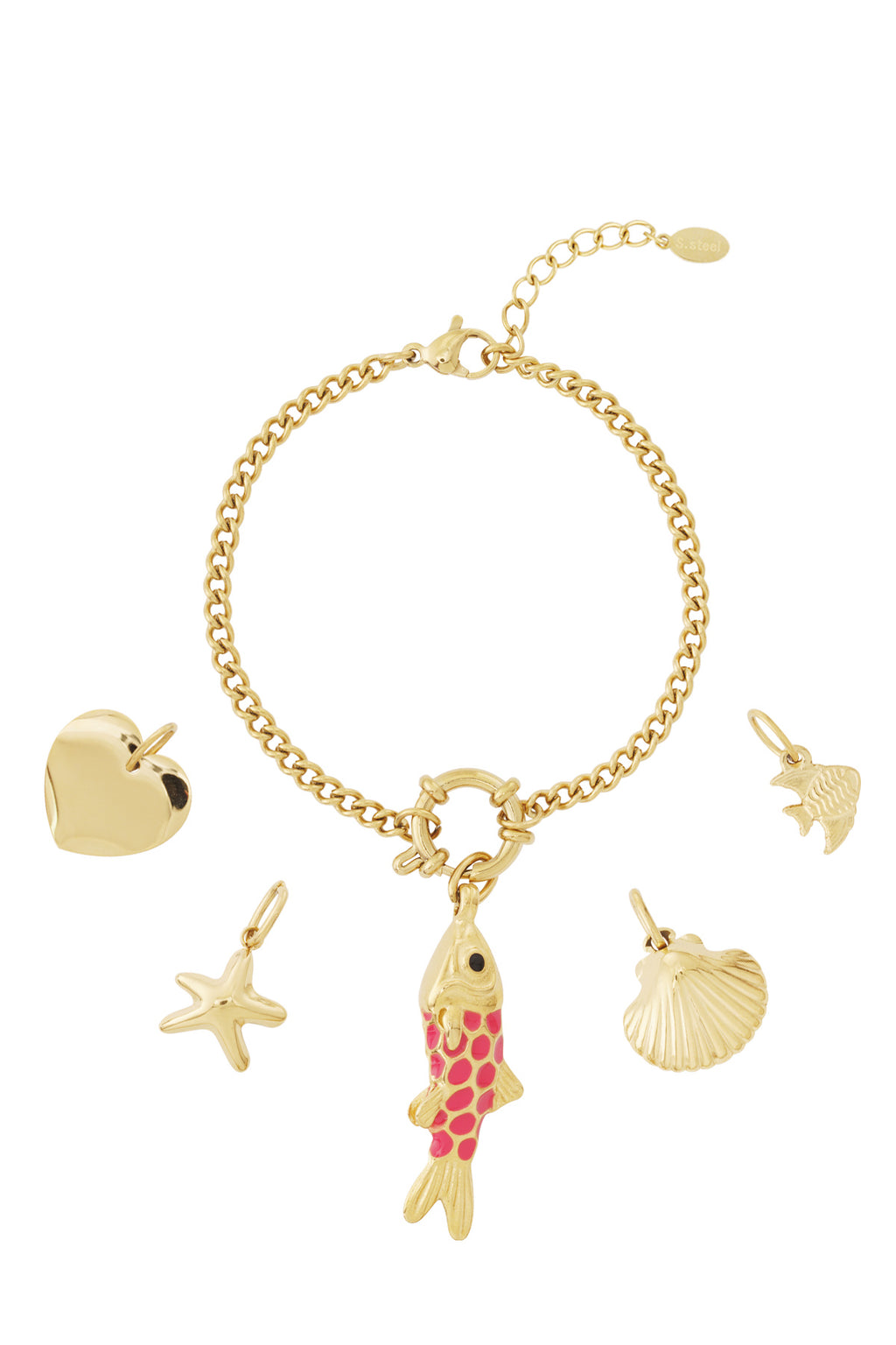 Gouden charm armband met vis, zeester, schelp en hart hangers van emaille