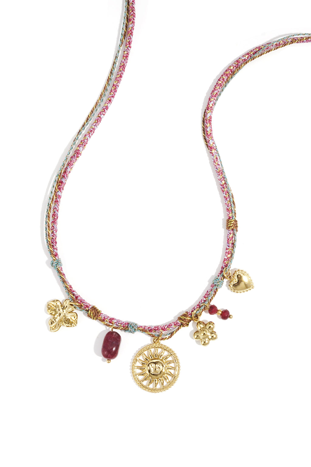 Bruine gevlochten ketting met gouden oog charmes en natuursteen accenten