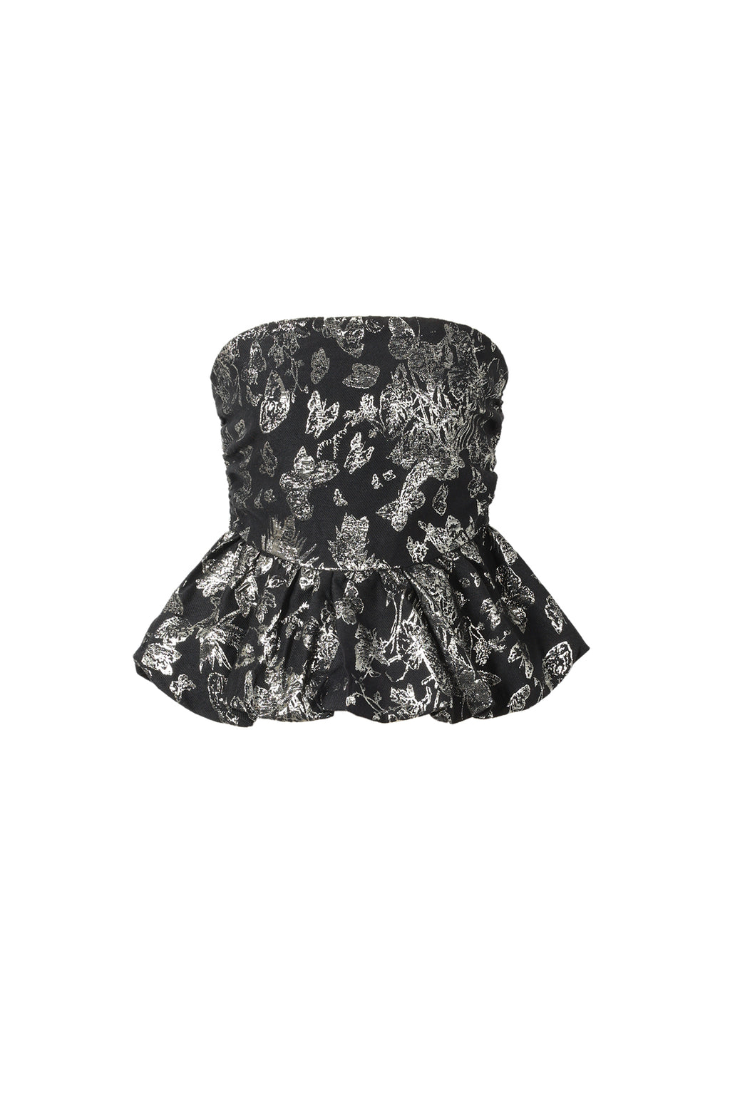 Zwarte strapless bustier top met subtiel bloemenpatroon en gestructureerde pasvorm