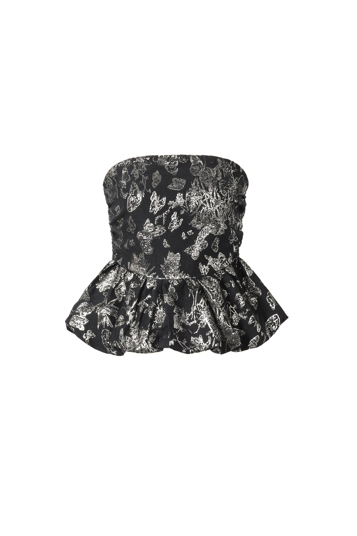 Zwarte strapless bustier top met subtiel bloemenpatroon en gestructureerde pasvorm