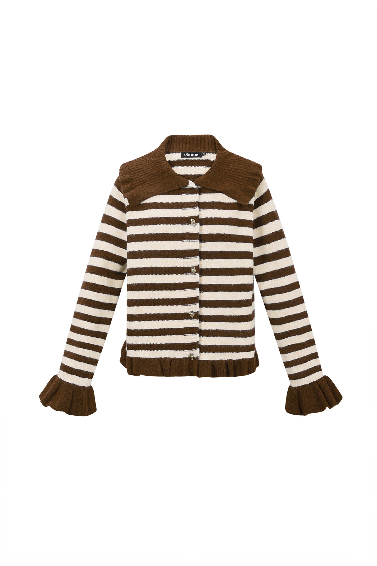 Bruin en crème gestreept gebreid vest met knoopsluiting en ruches details