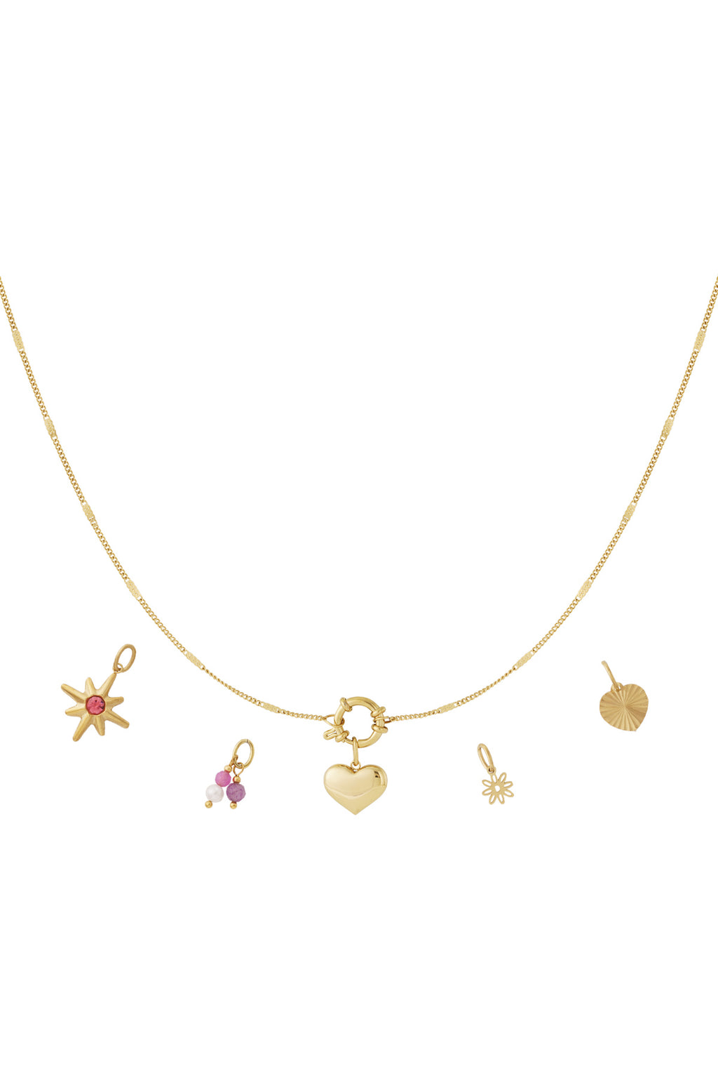 Gouden DIY charm ketting met mini hart, ster en bloem charmes