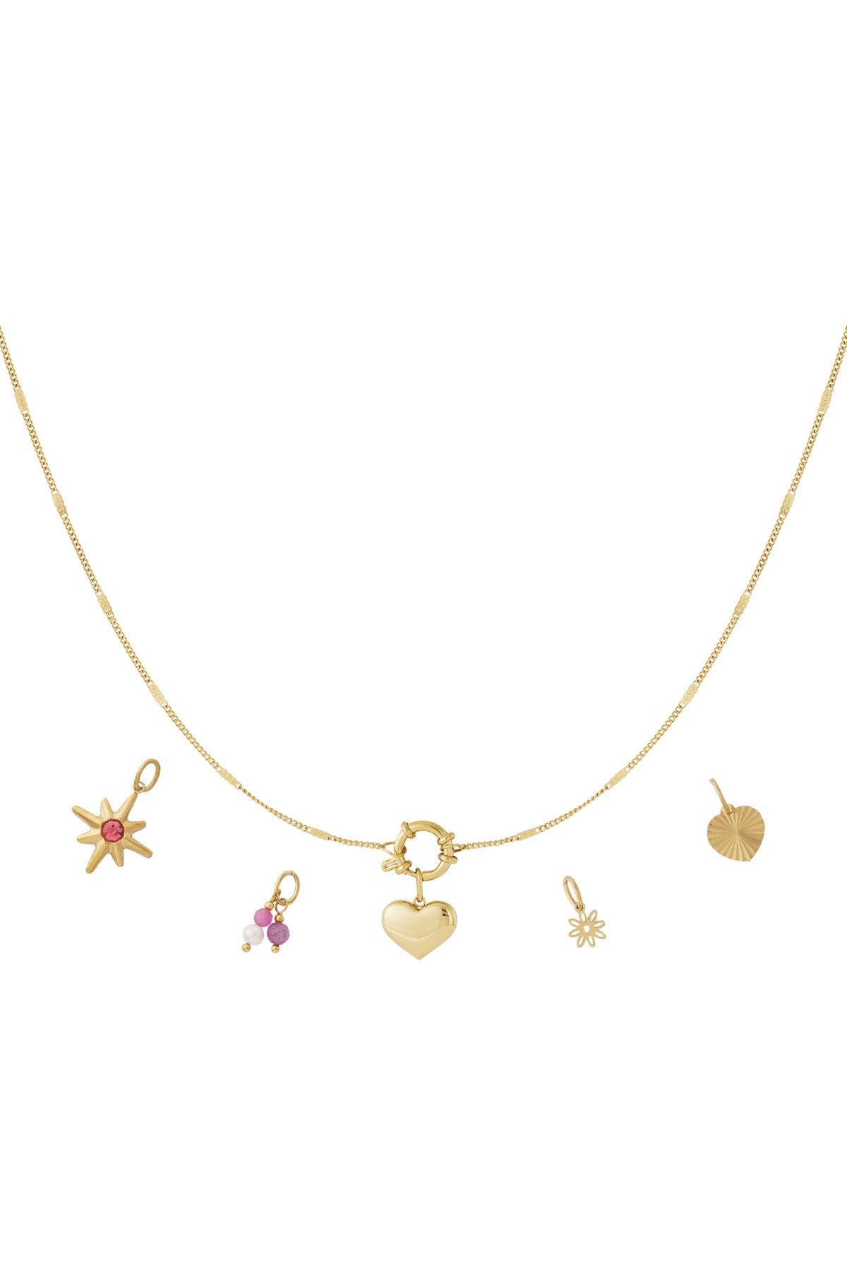 Gouden DIY charm ketting met mini hart, ster en bloem charmes