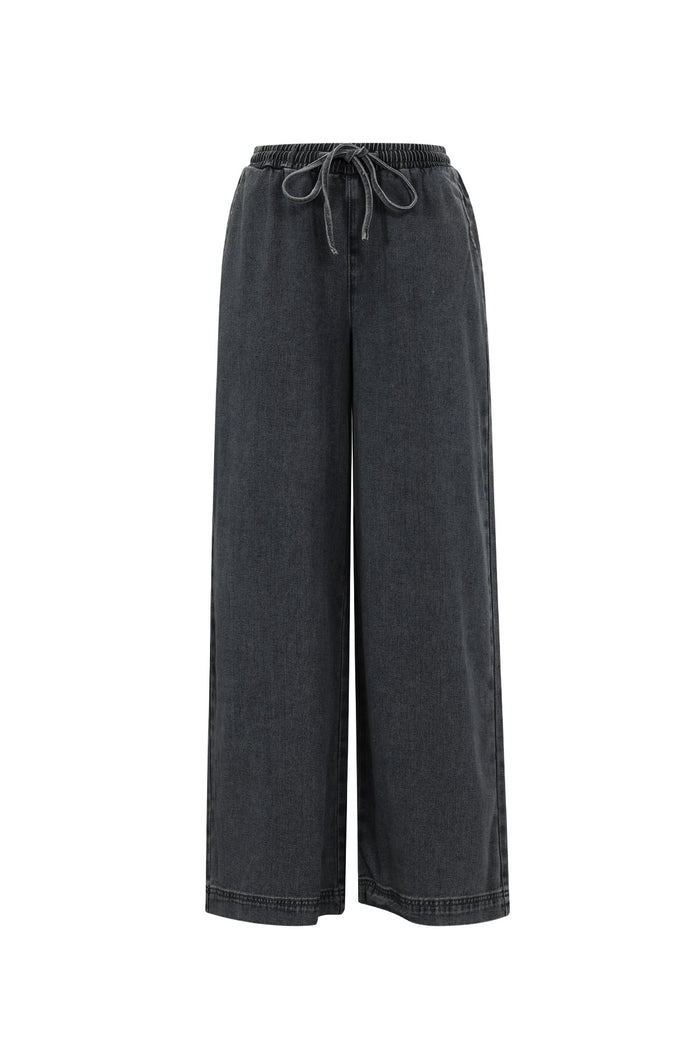 Antraciet wide leg jeans met elastische taille en trekkoord