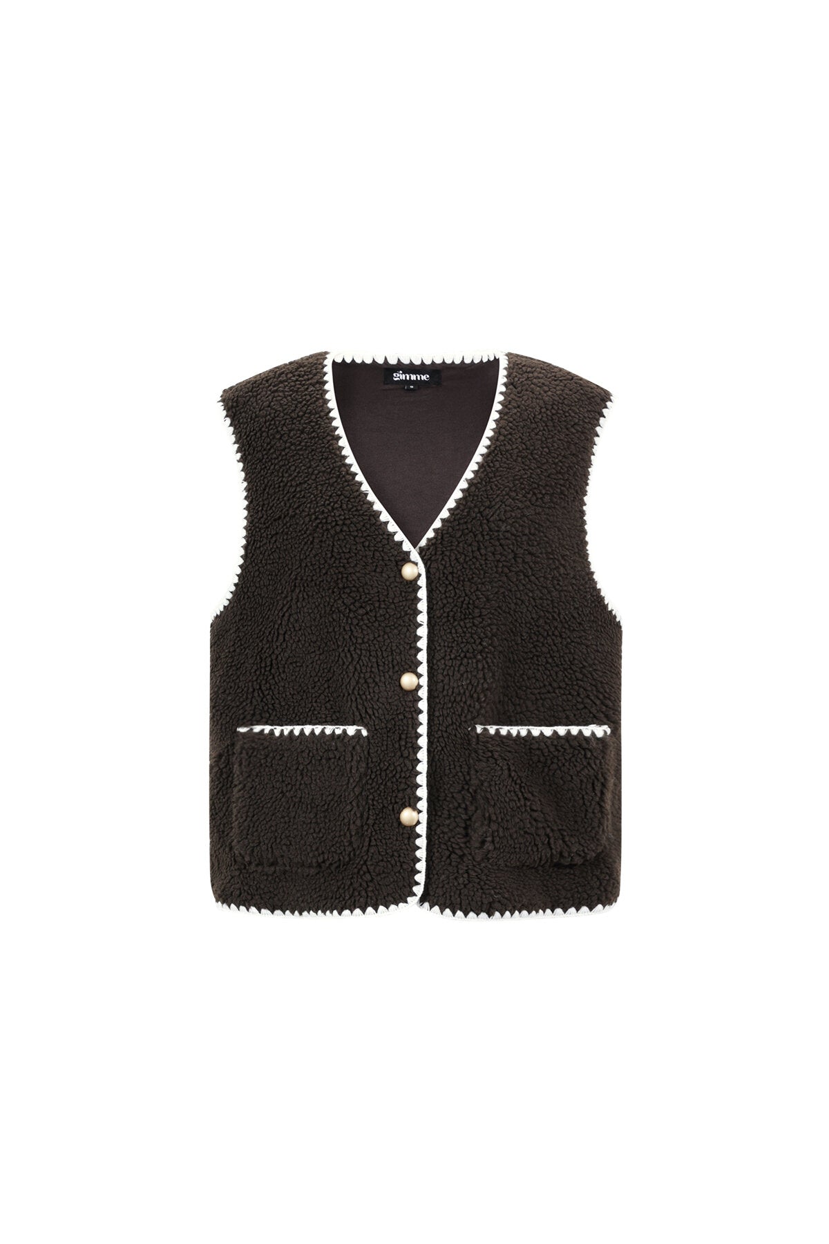 Bruin teddy gilet van bouclé stof met witte contrastboordjes en gouden knopen