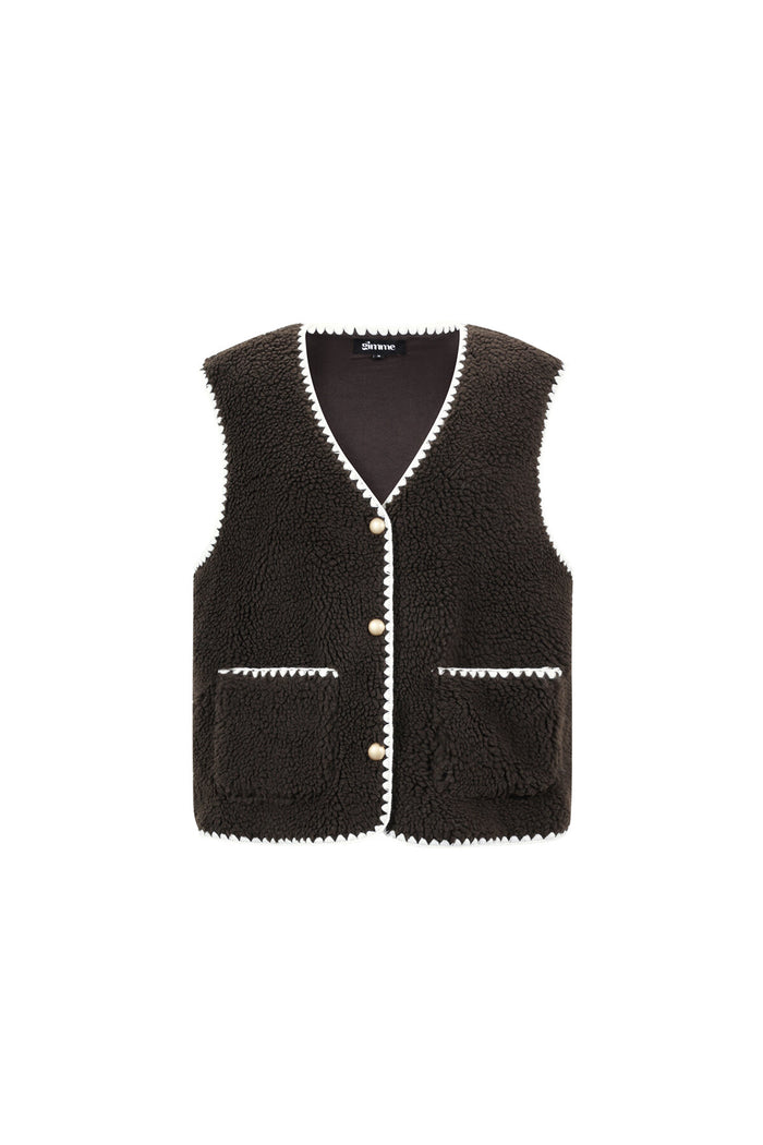 Bruin teddy gilet van bouclé stof met witte contrastboordjes en gouden knopen
