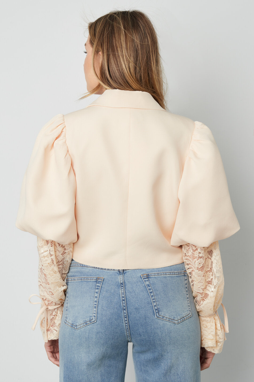 Cotton Blend Women's Blazer Puff Sleeve Lace Insert