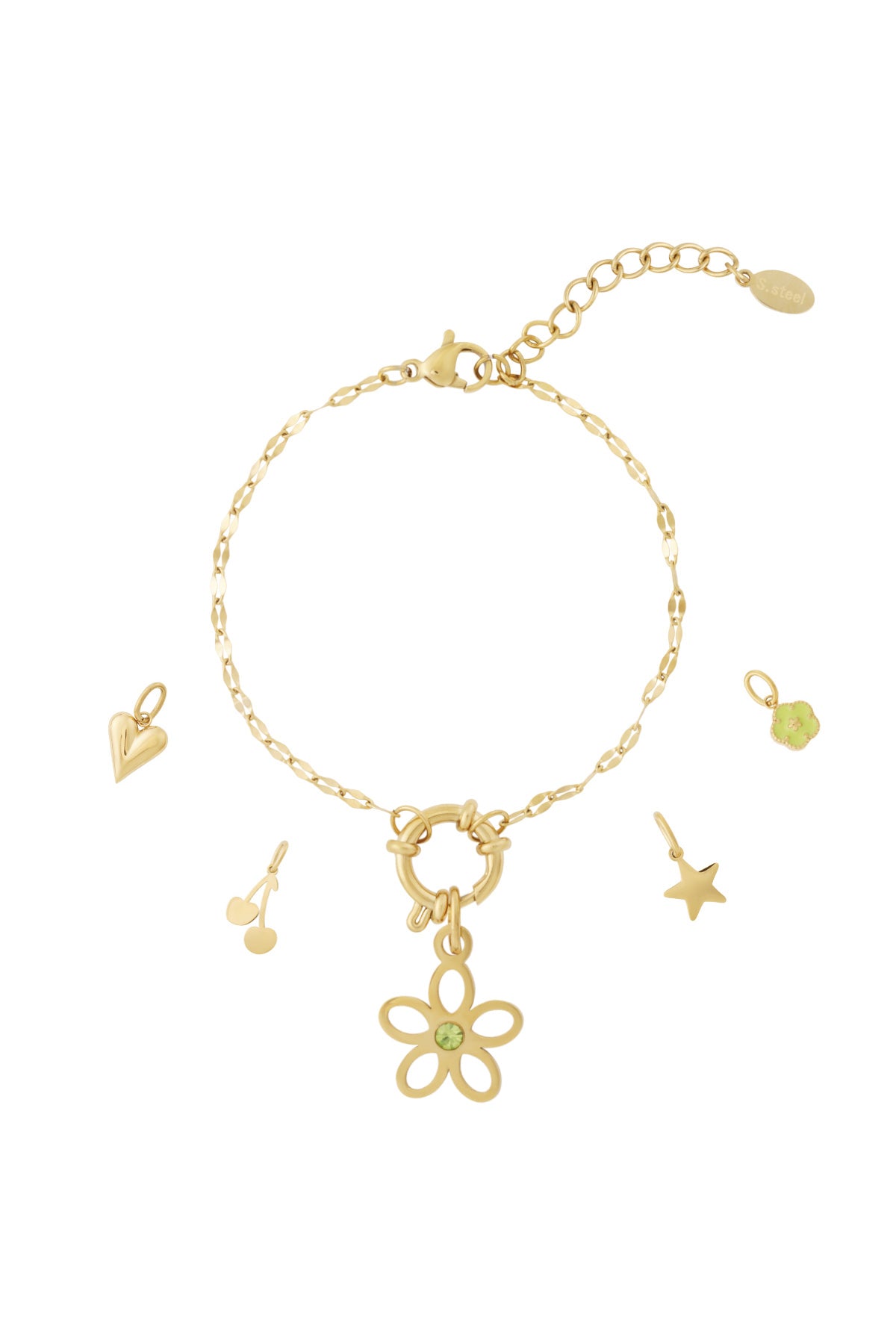 Gouden schakel armband met vijf uitwisselbare charmes waaronder bloem en hart