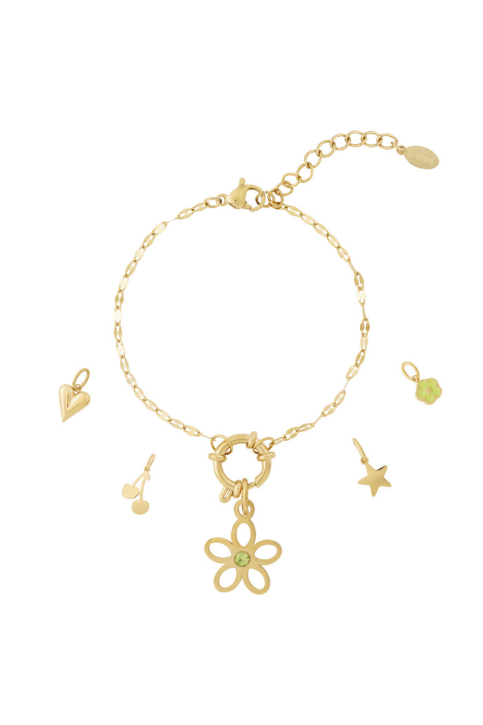 Gouden schakel armband met vijf uitwisselbare charmes waaronder bloem en hart