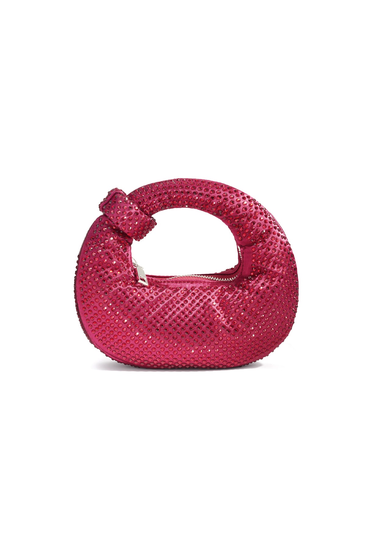 Roze geweven mesh clutch met ronde sculptural vorm en handgreep