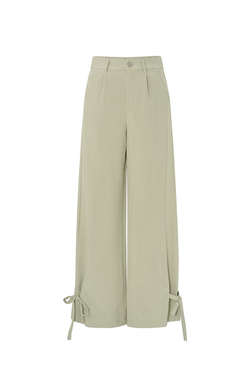 Groene wijde polyester pantalon met bindstrikjes aan de pijpen