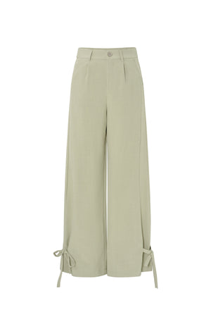 Groene wijde polyester pantalon met bindstrikjes aan de pijpen