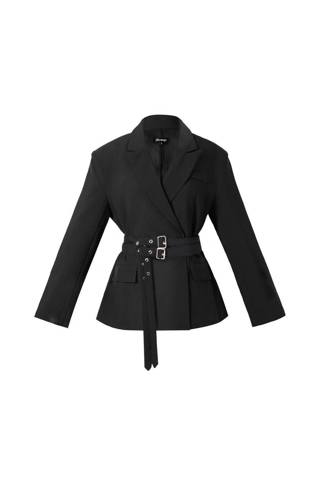 Zwarte getailleerde blazer met brede zwarte ceintuur en dubbele metalen gespsluiting