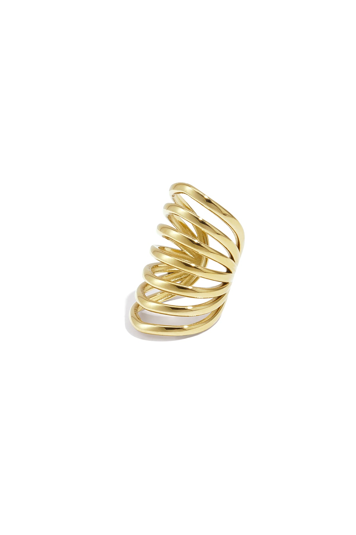 Goudkleurige spiraal ear cuff met zes ringen van roestvrij staal