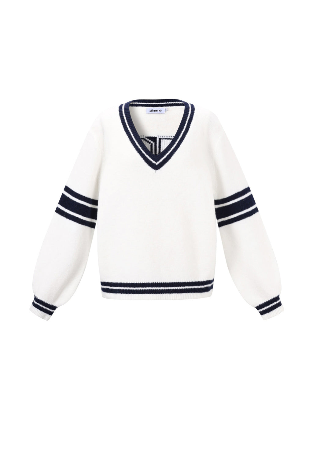 Witte tennis trui met marine contraststrepen en V-hals