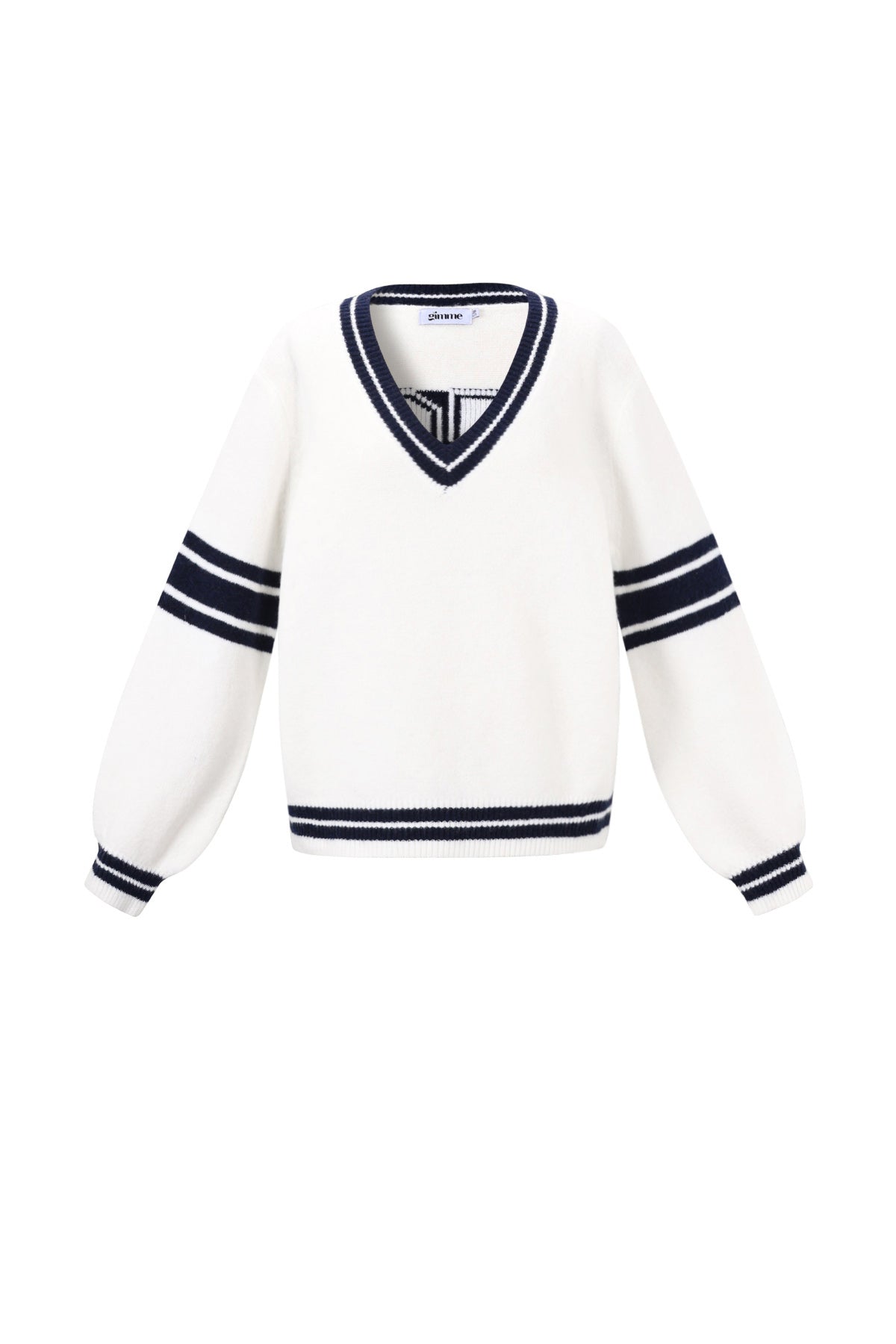Witte tennis trui met marine contraststrepen en V-hals