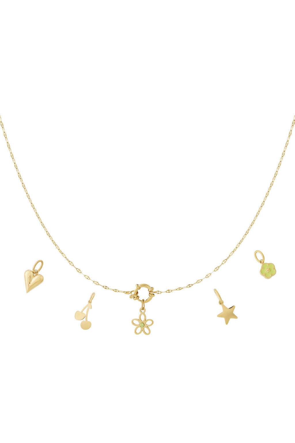 Gouden charm ketting met bloem hanger, hart en ster charmpjes