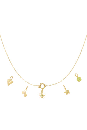 Gouden charm ketting met bloem hanger, hart en ster charmpjes