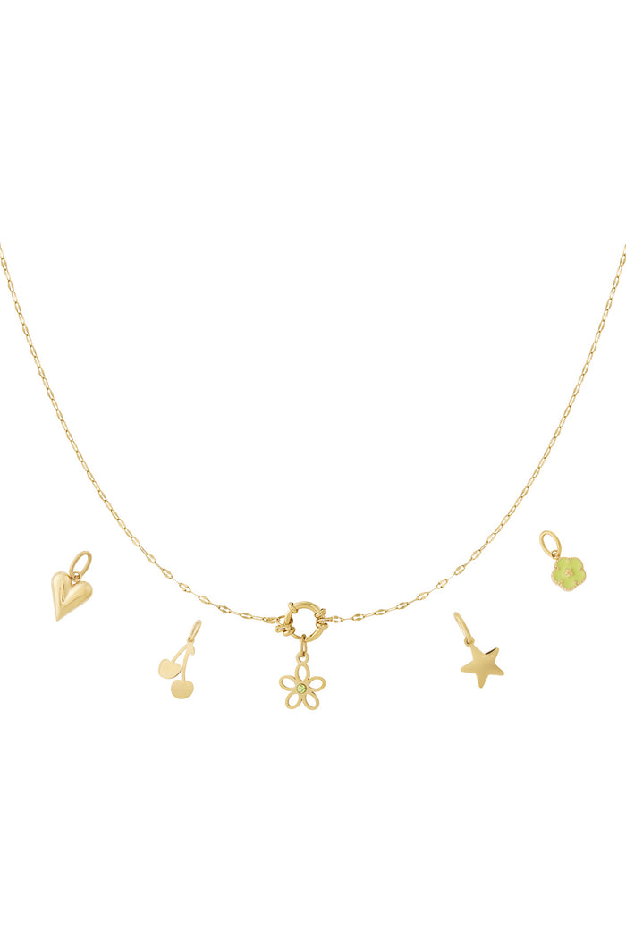 Gouden charm ketting met bloem hanger, hart en ster charmpjes
