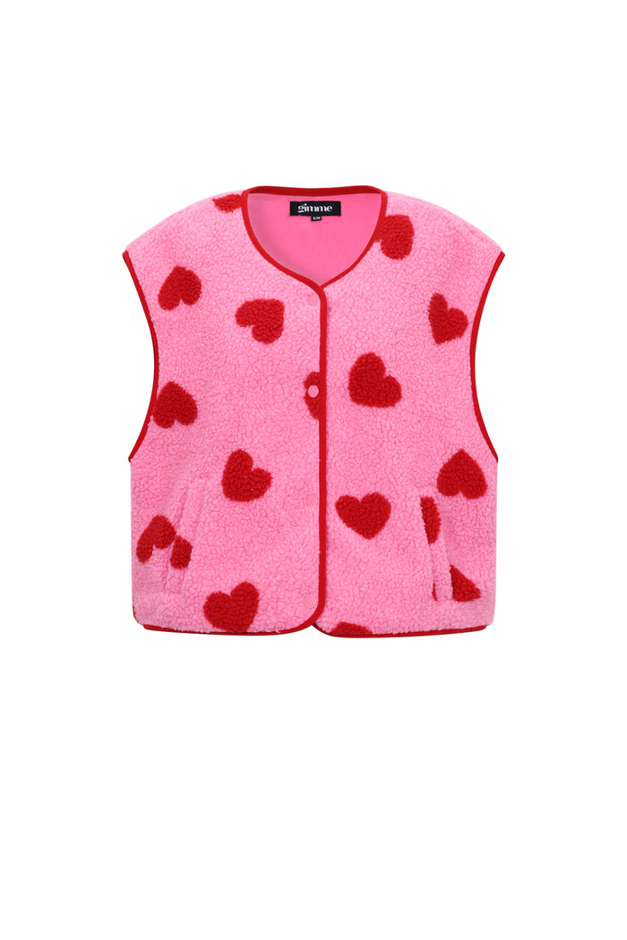 Roze mouwloos gilet vest met rode hart print en knoopsluiting