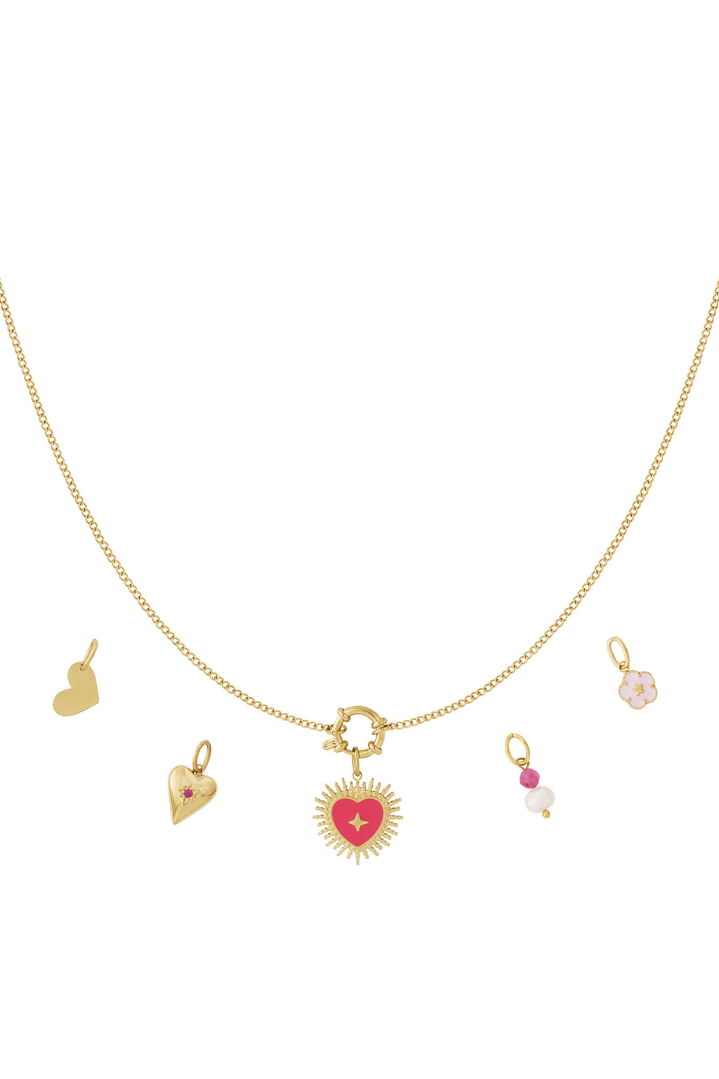 Gouden ketting met stralend hart hanger en vier uitwisselbare charmes