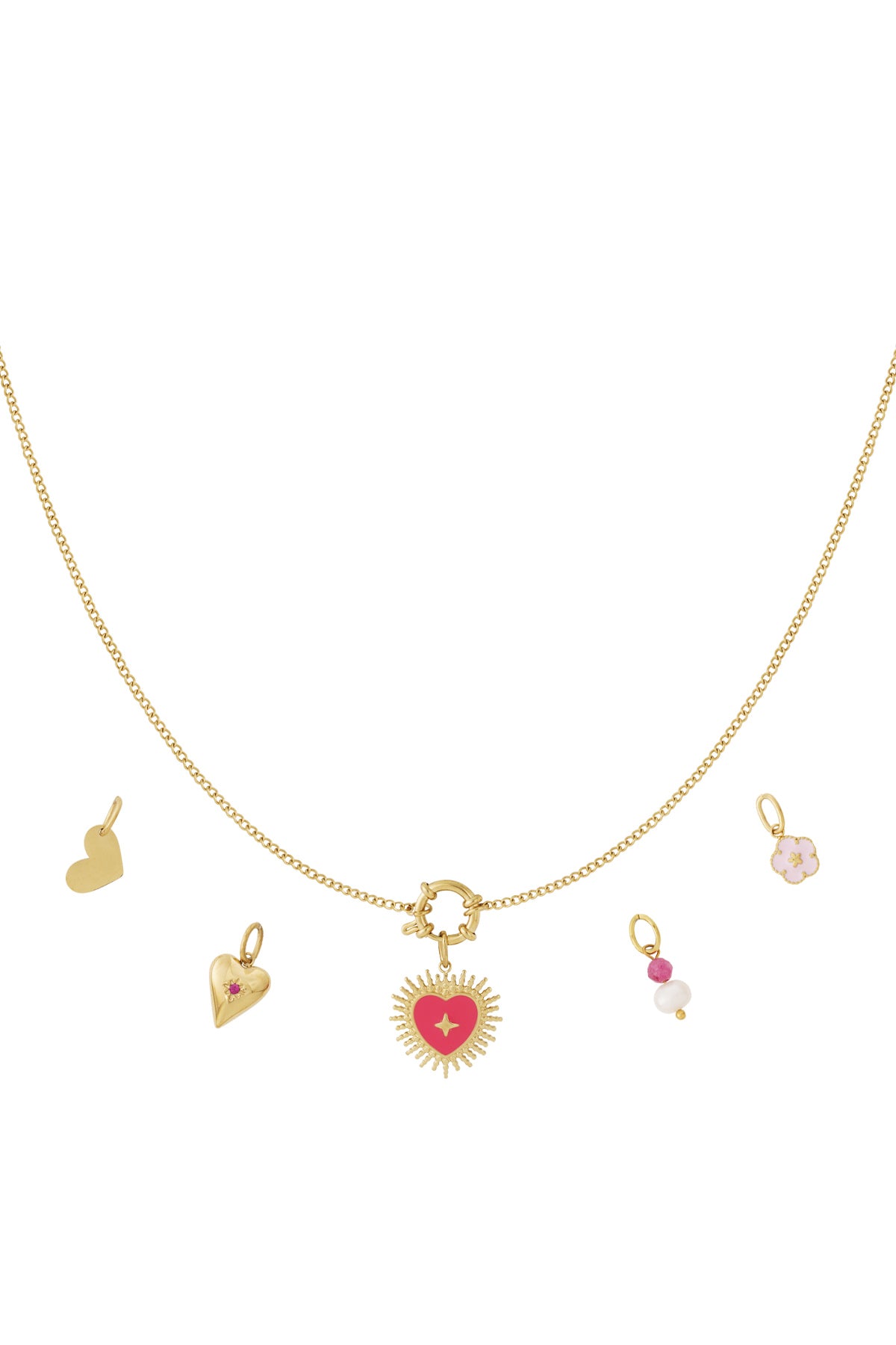 Gouden ketting met stralend hart hanger en vier uitwisselbare charmes