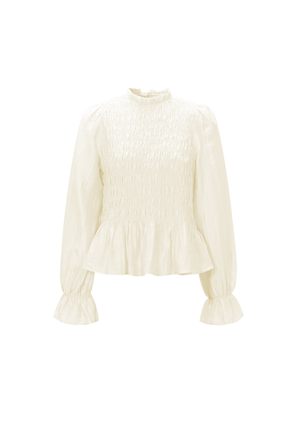 Crème blouse met ruches detail, smocked lijfje en high neck kraag