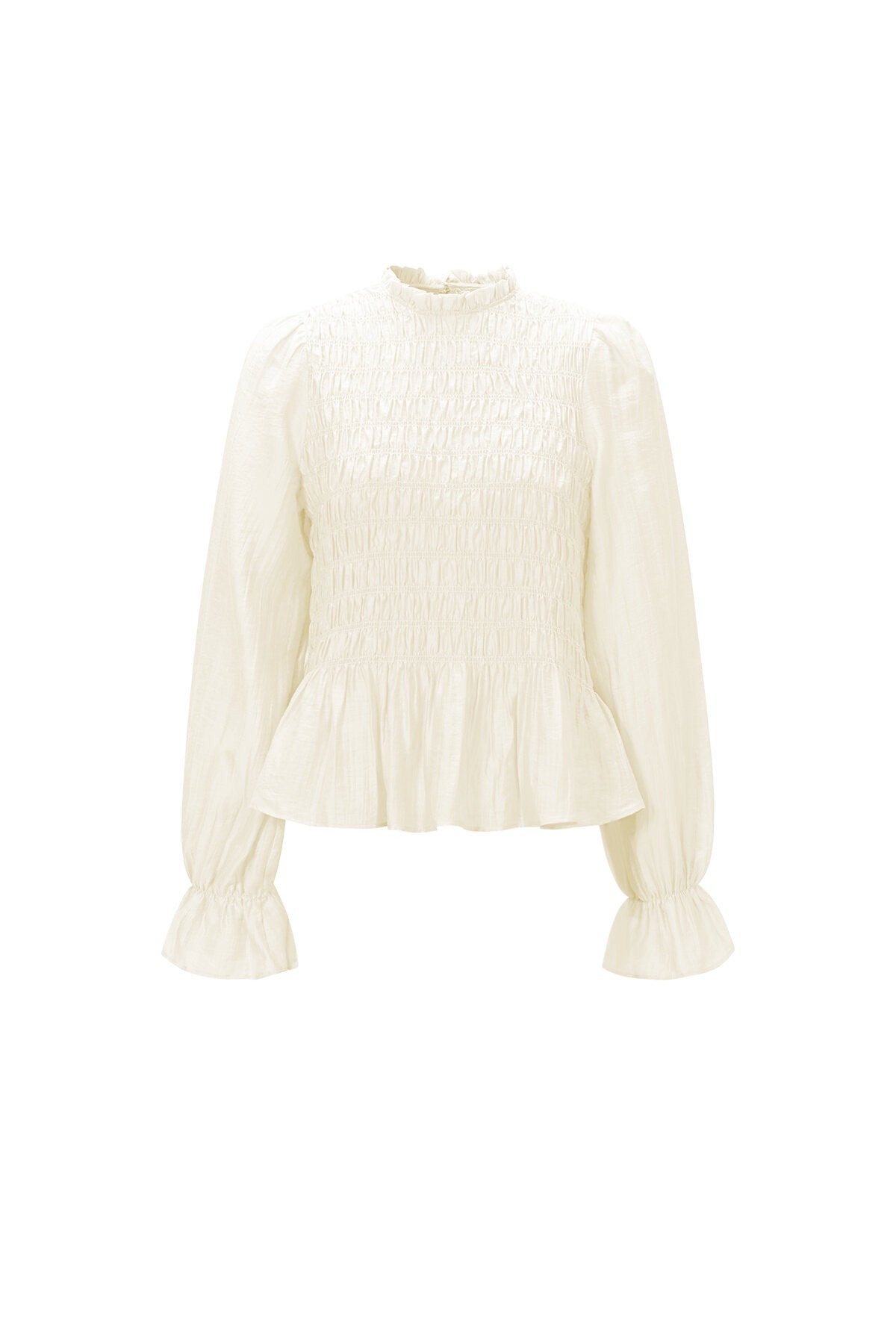Crème blouse met ruches detail, smocked lijfje en high neck kraag