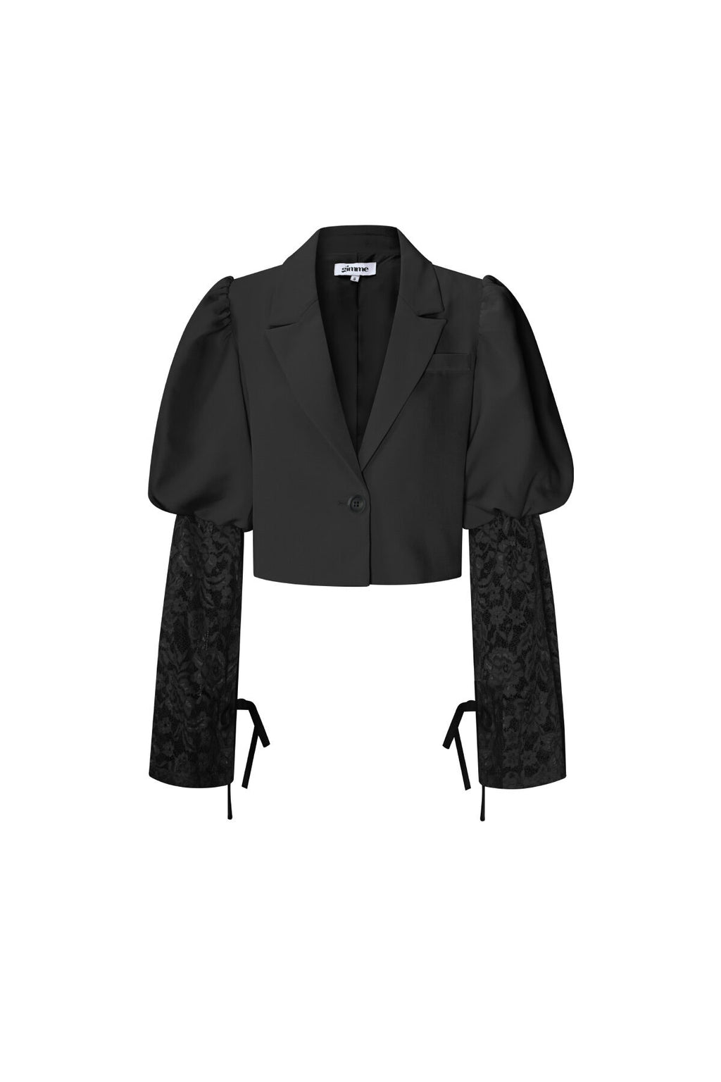 Zwarte blazer met dramatische pofmouwen en kanten inzetten