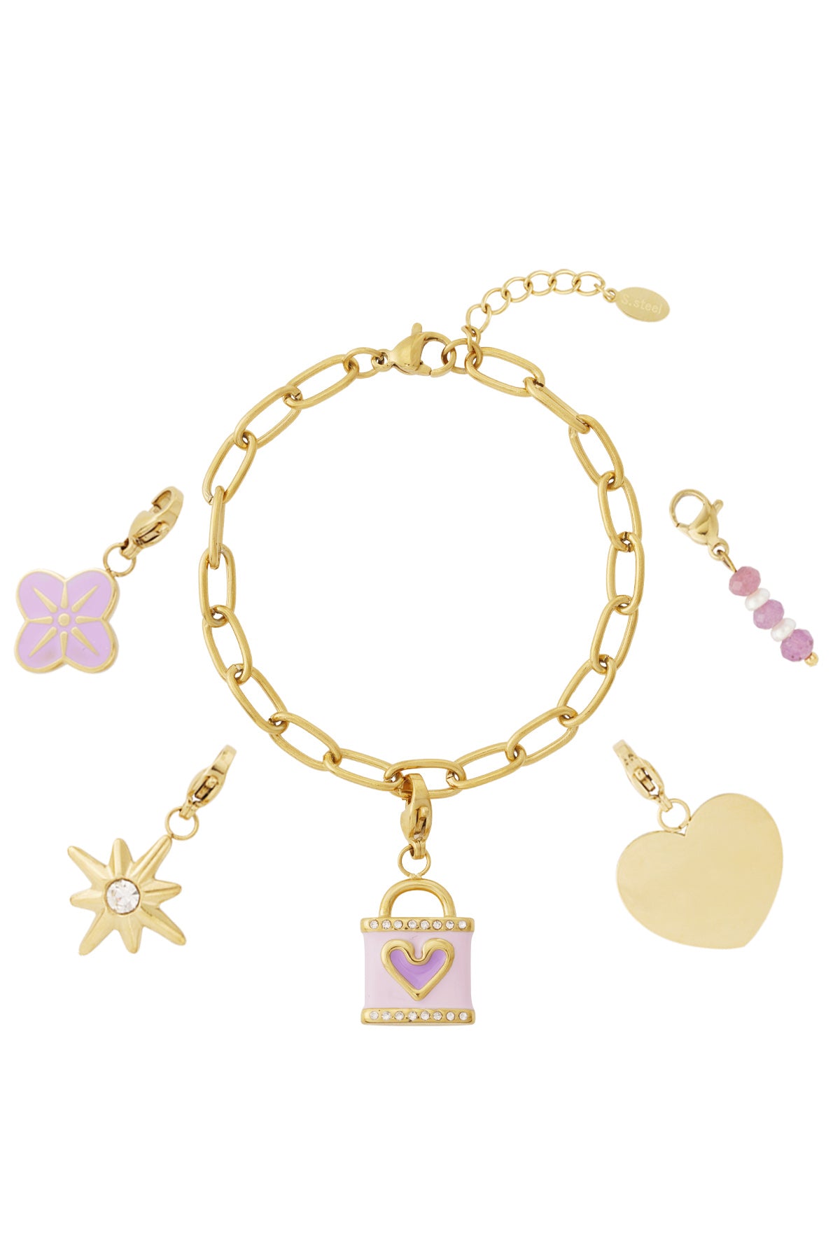 Gouden schakel armband met roze vlinder, zonnebloem, slot en hart charmes
