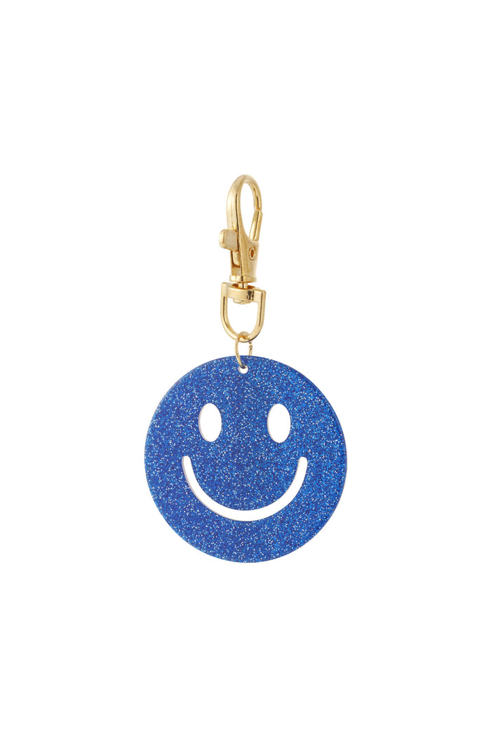 Blauwe glitter smiley sleutelhanger van acryl