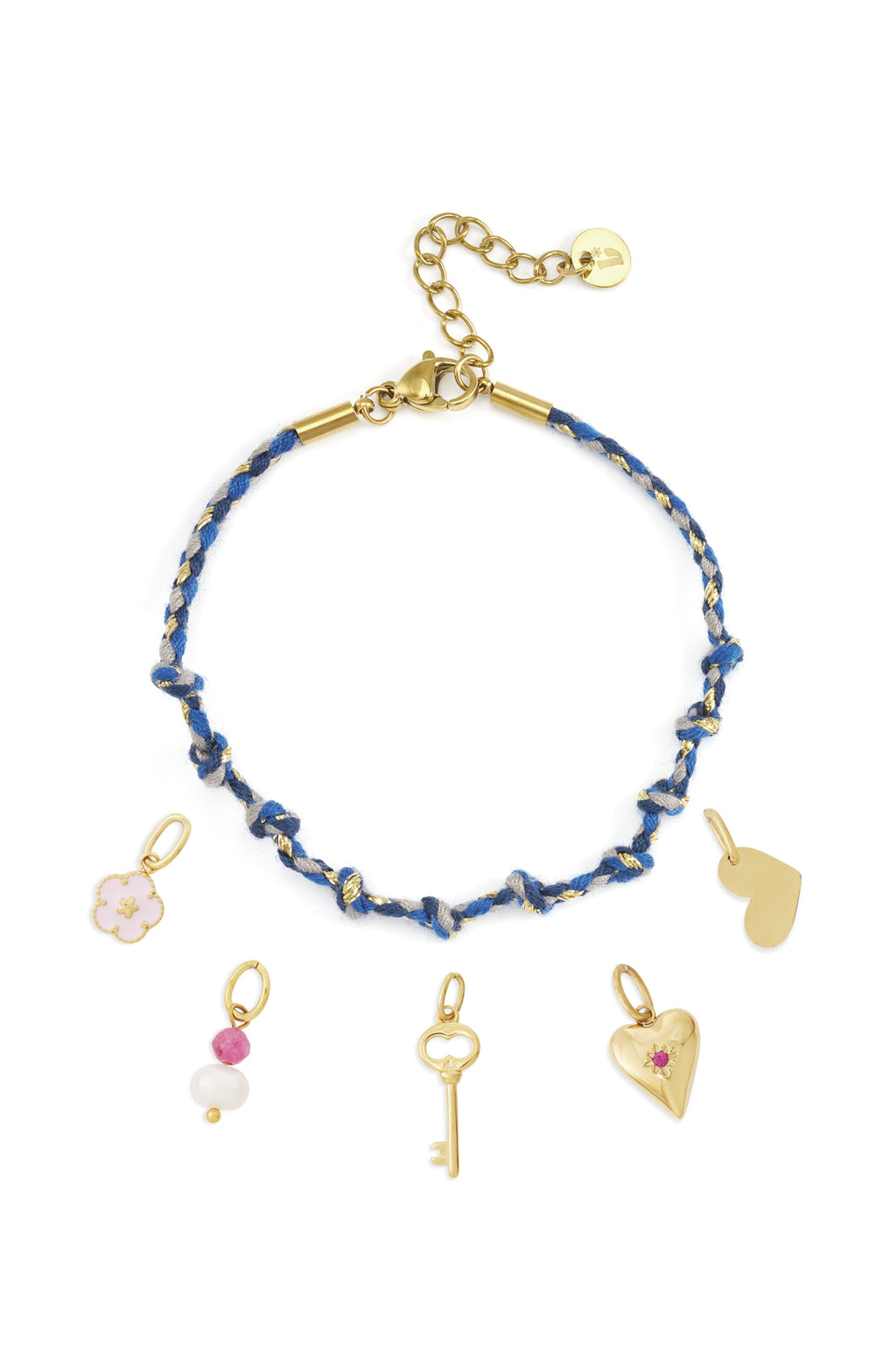 Blauw katoenen armband met gouden charmes hart bloem sleutel parel