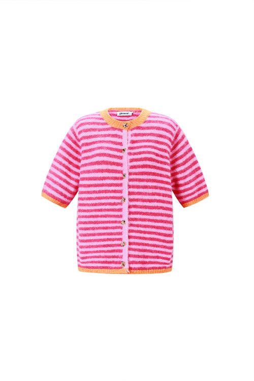 Roze gestreept mouwloos gilet met oranje details en knoopsluiting