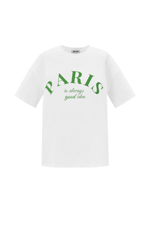 Wit t-shirt met groene Paris tekst en subtitle