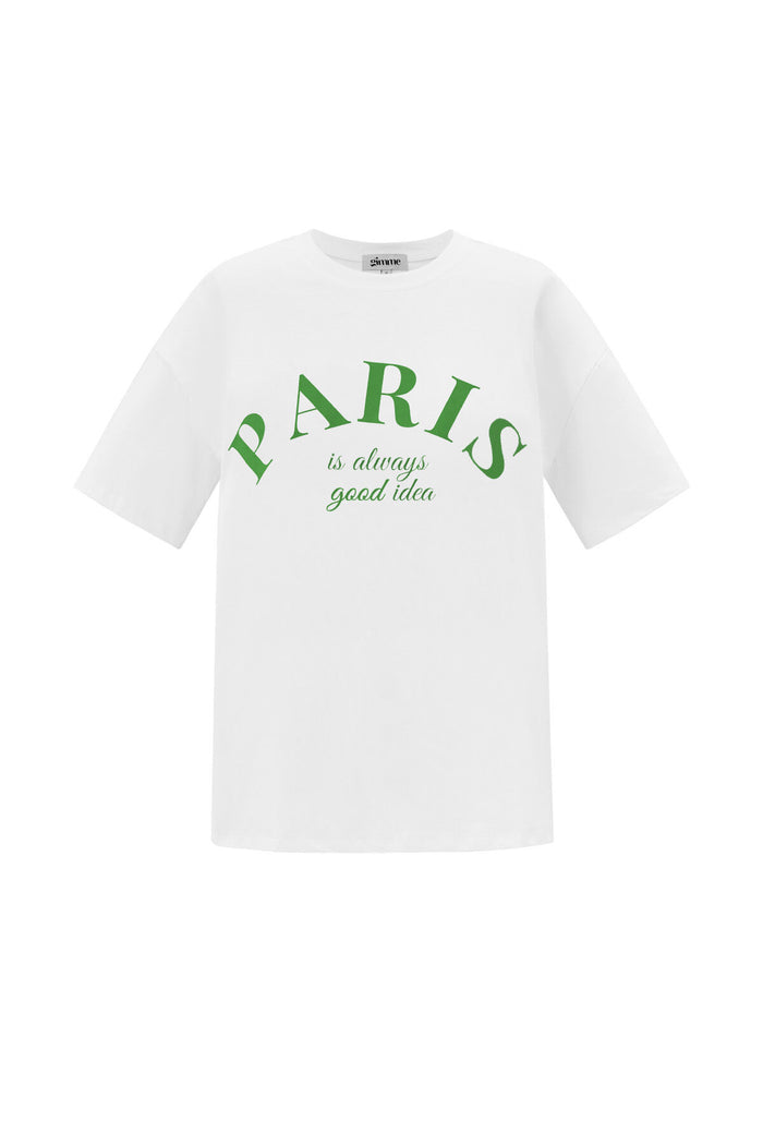 Wit t-shirt met groene Paris tekst en subtitle