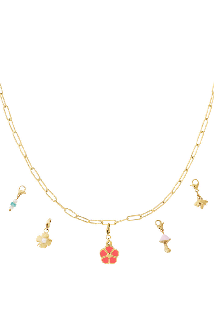 Goudkleurige schakelketting met verwisselbare bloem en natuur charms