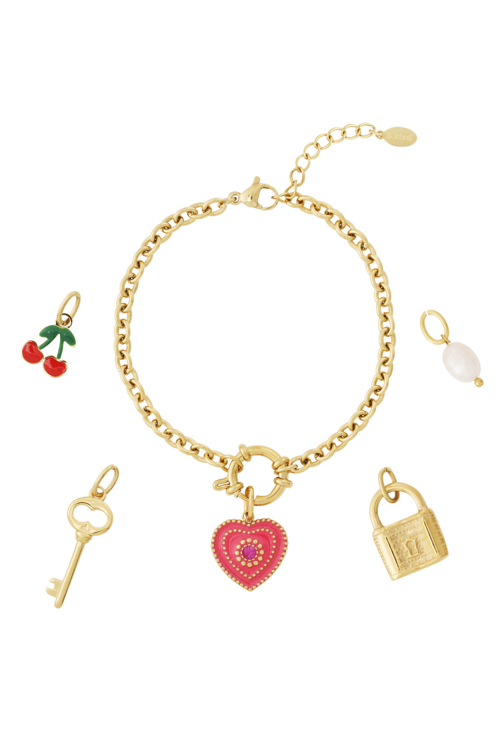 Gouden schakelarmband met kersen slot sleutel en hart bedels van emaille