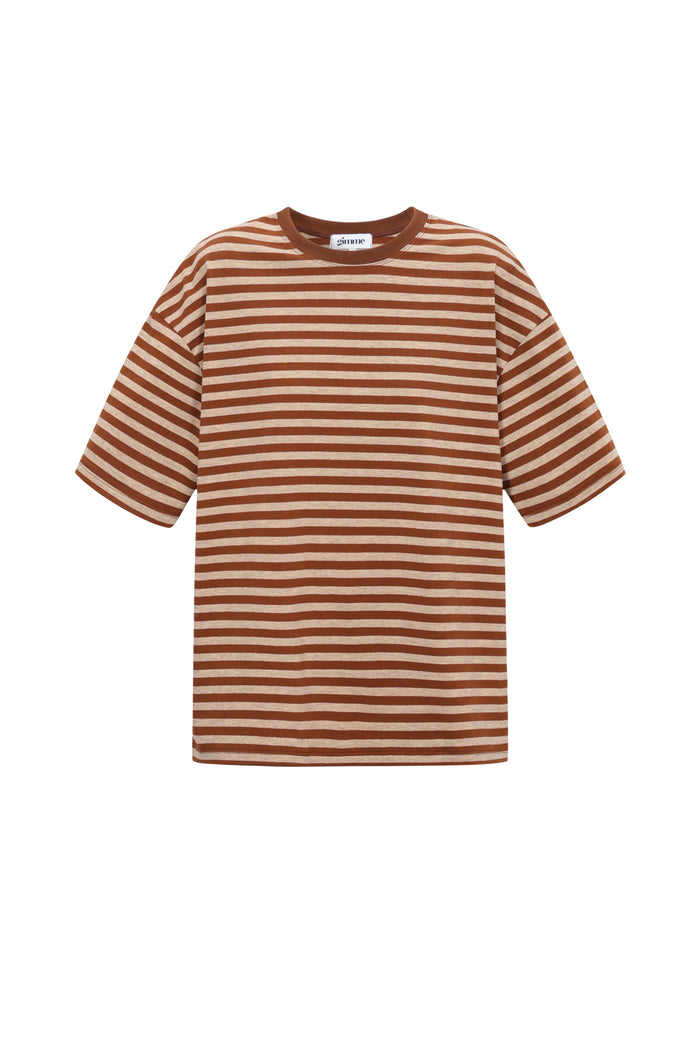 Bruin-wit gestreept oversized shirt van katoen met halflange mouwen